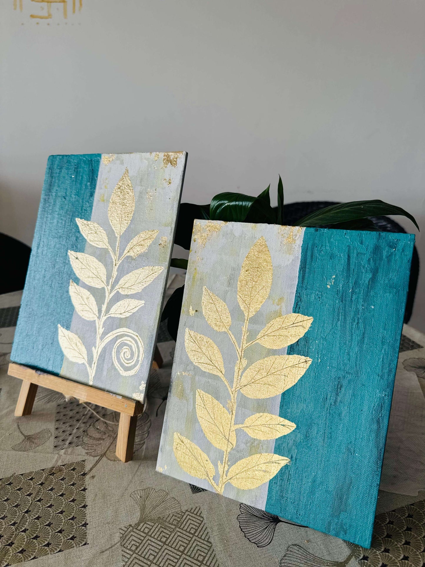 Golden Branches on Teal Mist