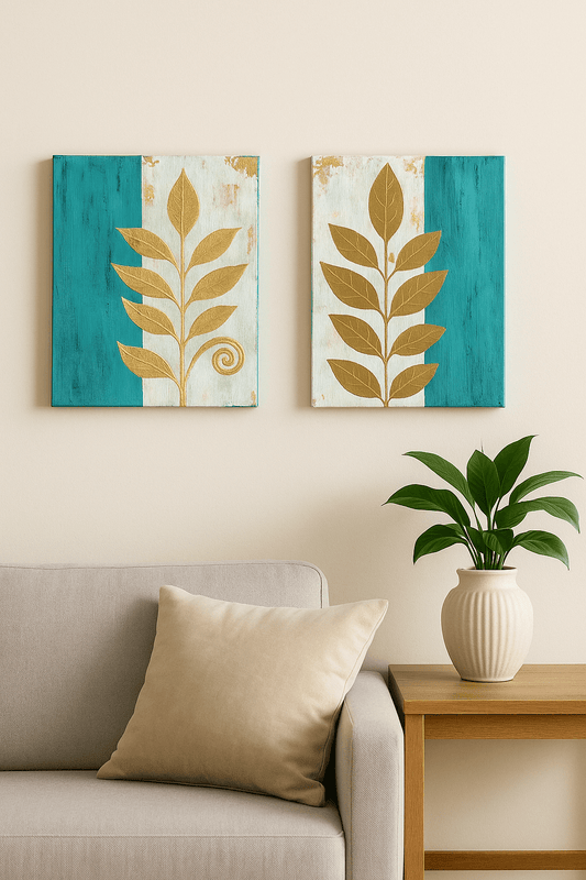 Golden Branches on Teal Mist