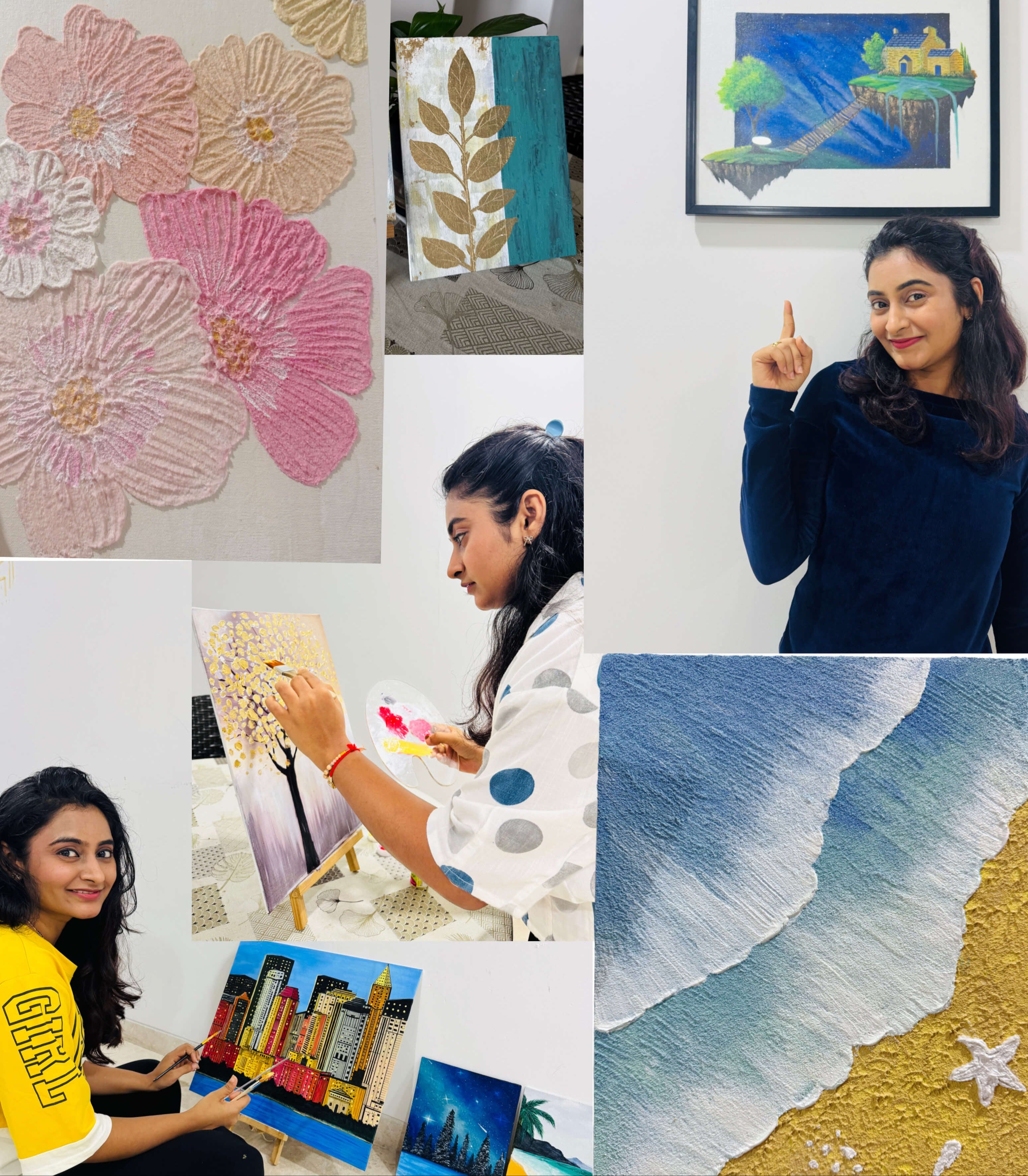 Collage of artistic creations including floral designs, a landscape painting