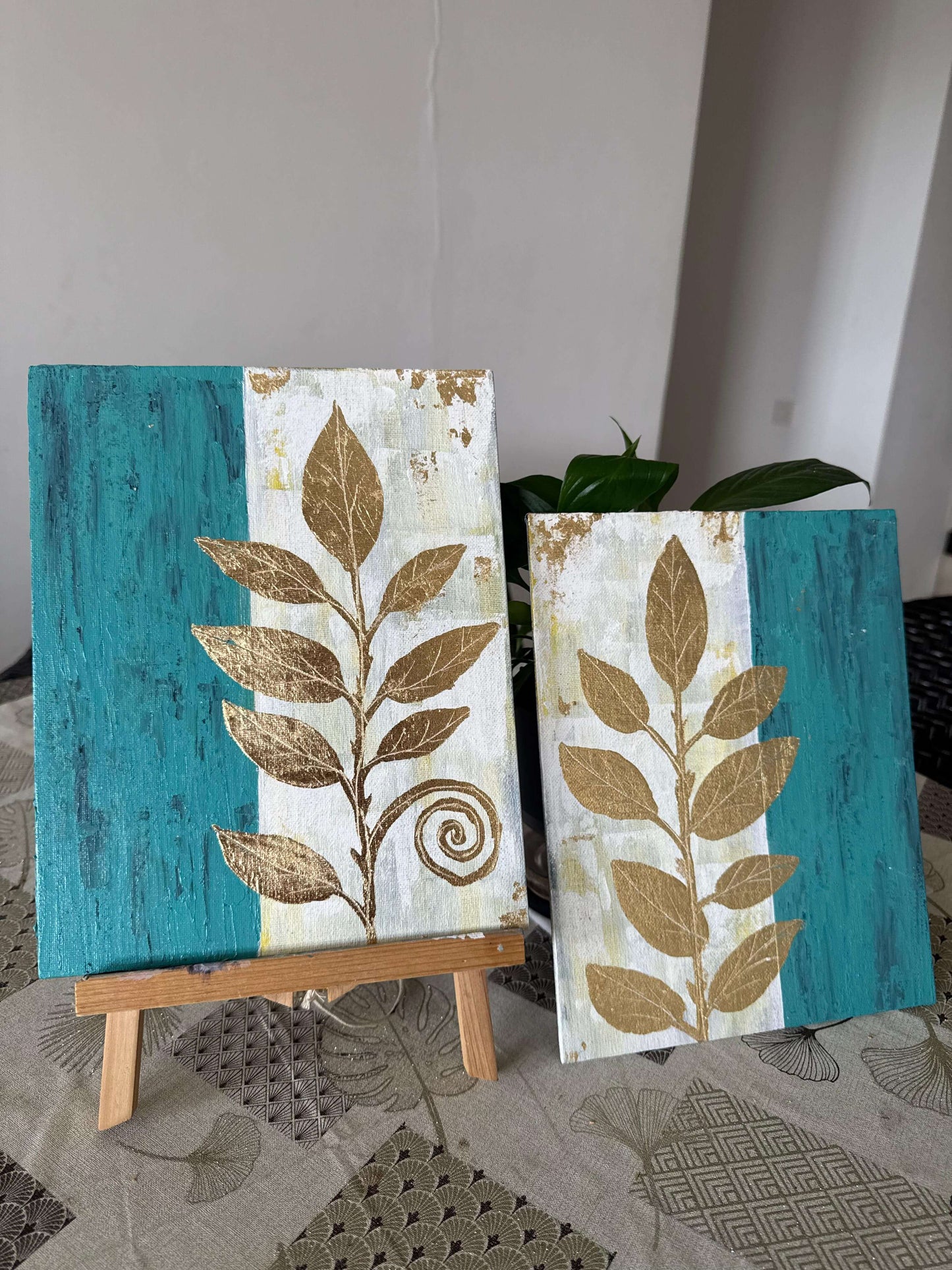 Golden Branches on Teal Mist